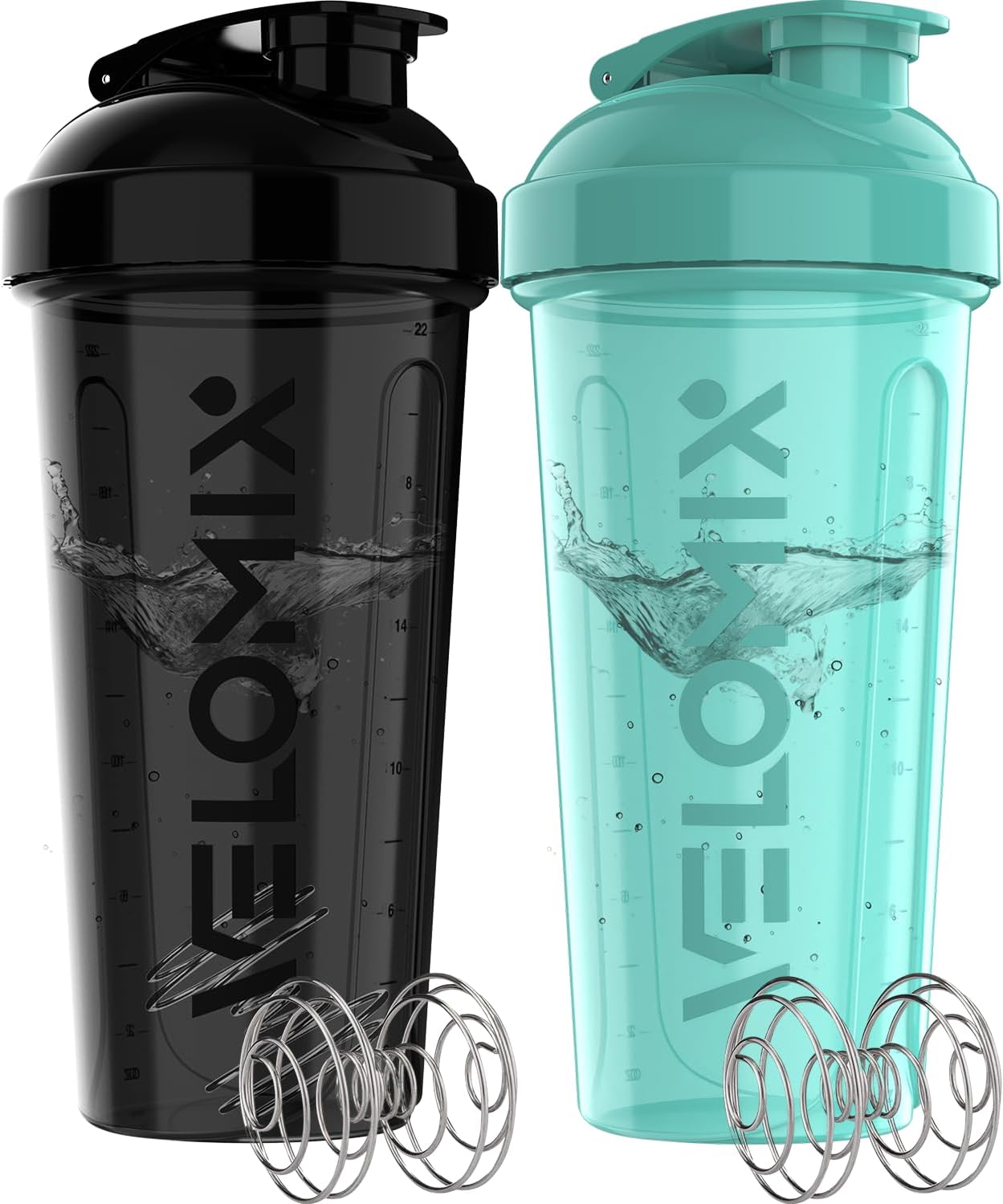 -2 Pack- 28 Oz Protein Shaker Bottles for Protein Mixes - 2X Wire Whisk | Leak Proof Shaker Cups for Protein Shakes | Protein Shaker Bottle Pack (Black/Transparent)