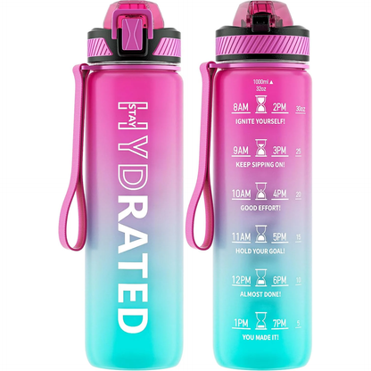 Water Bottle with Straw, 32Oz Motivational Water Bottles with Time Marker to Drink, Tritan BPA Free, 1L Sports Water Bottle with Carry Strap Leakproof for Women Gym Fitness Outdoor (1 Pack)