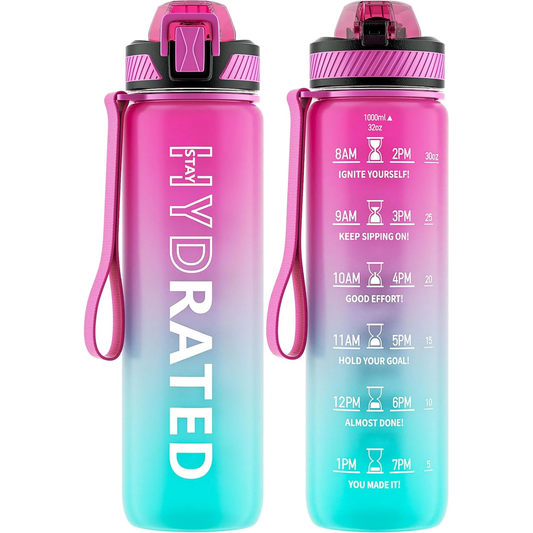 Water Bottle with Straw, 32Oz Motivational Water Bottles with Time Marker to Drink, Tritan BPA Free, 1L Sports Water Bottle with Carry Strap Leakproof for Women Gym Fitness Outdoor (1 Pack)