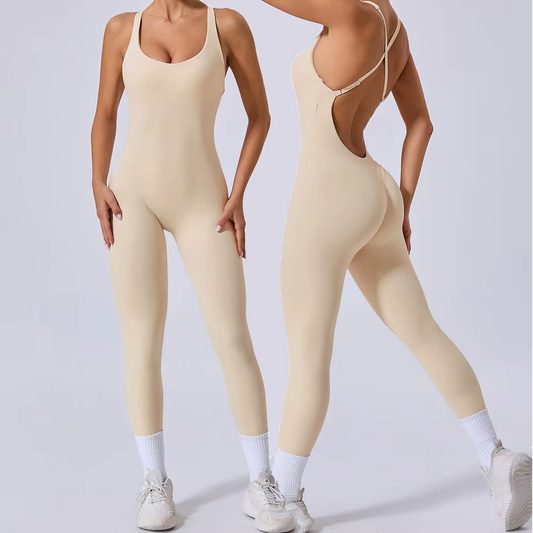 Sexy Cross Strap Backless Jumpsuits Gym Set Women Tracksuits One Piece Short Sleeve Fitness Overalls Female Sport Clothes