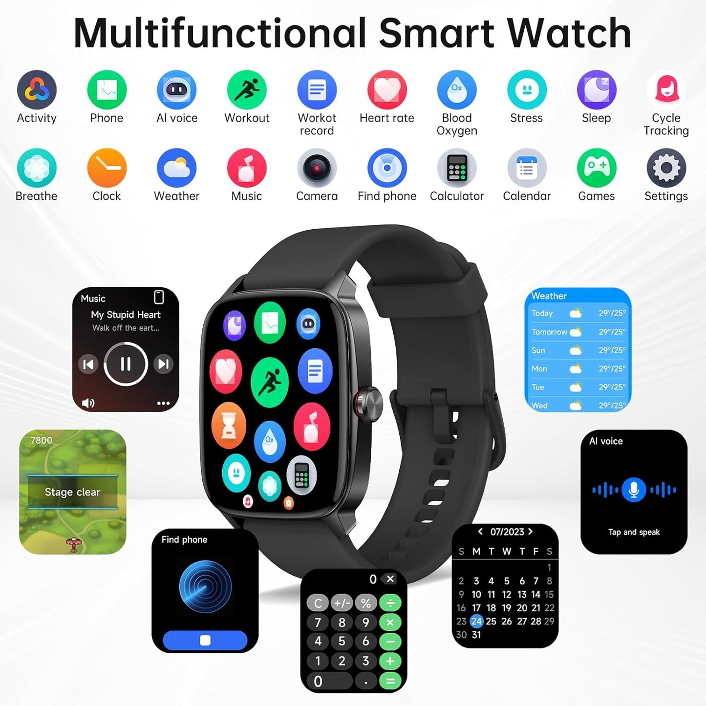 Smart Watch for Men Women with Bluetooth Call & AI Voice, 1.85" HD Fitness Tracker with Heart Rate Spo2 Sleep Monitor, 100+ Sports Modes, Mini Games, IP68 Waterproof Smartwatch for Android Ios Phones