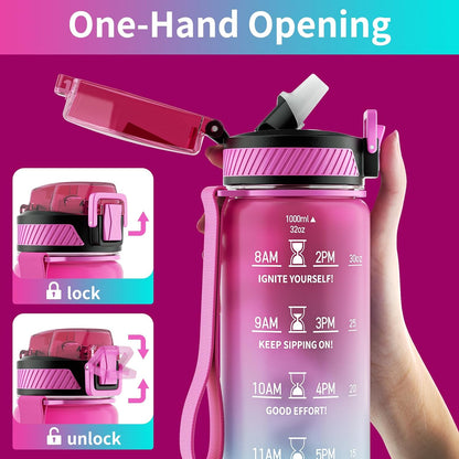 Water Bottle with Straw, 32Oz Motivational Water Bottles with Time Marker to Drink, Tritan BPA Free, 1L Sports Water Bottle with Carry Strap Leakproof for Women Gym Fitness Outdoor (1 Pack)
