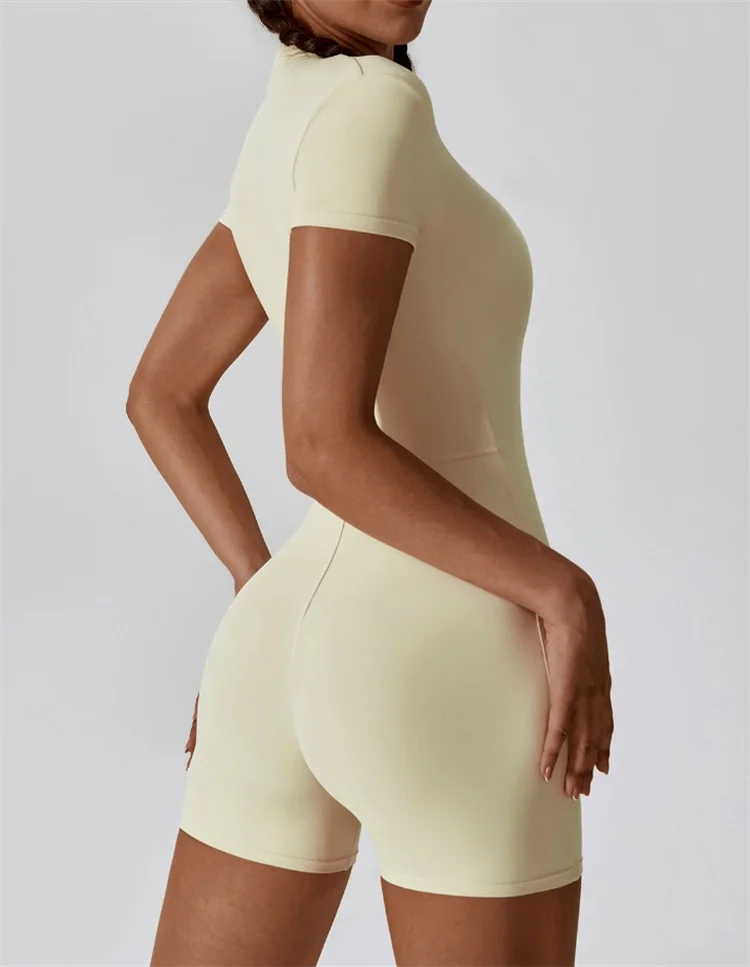 European and American Nude One-Piece Yoga Suit with Stand up Collar, Half Zipper, Short Sleeved Fitness Jumpsuit, Tight Fitting