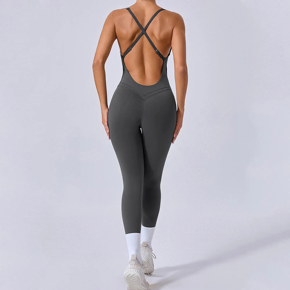 Sexy Cross Strap Backless Jumpsuits Gym Set Women Tracksuits One Piece Short Sleeve Fitness Overalls Female Sport Clothes
