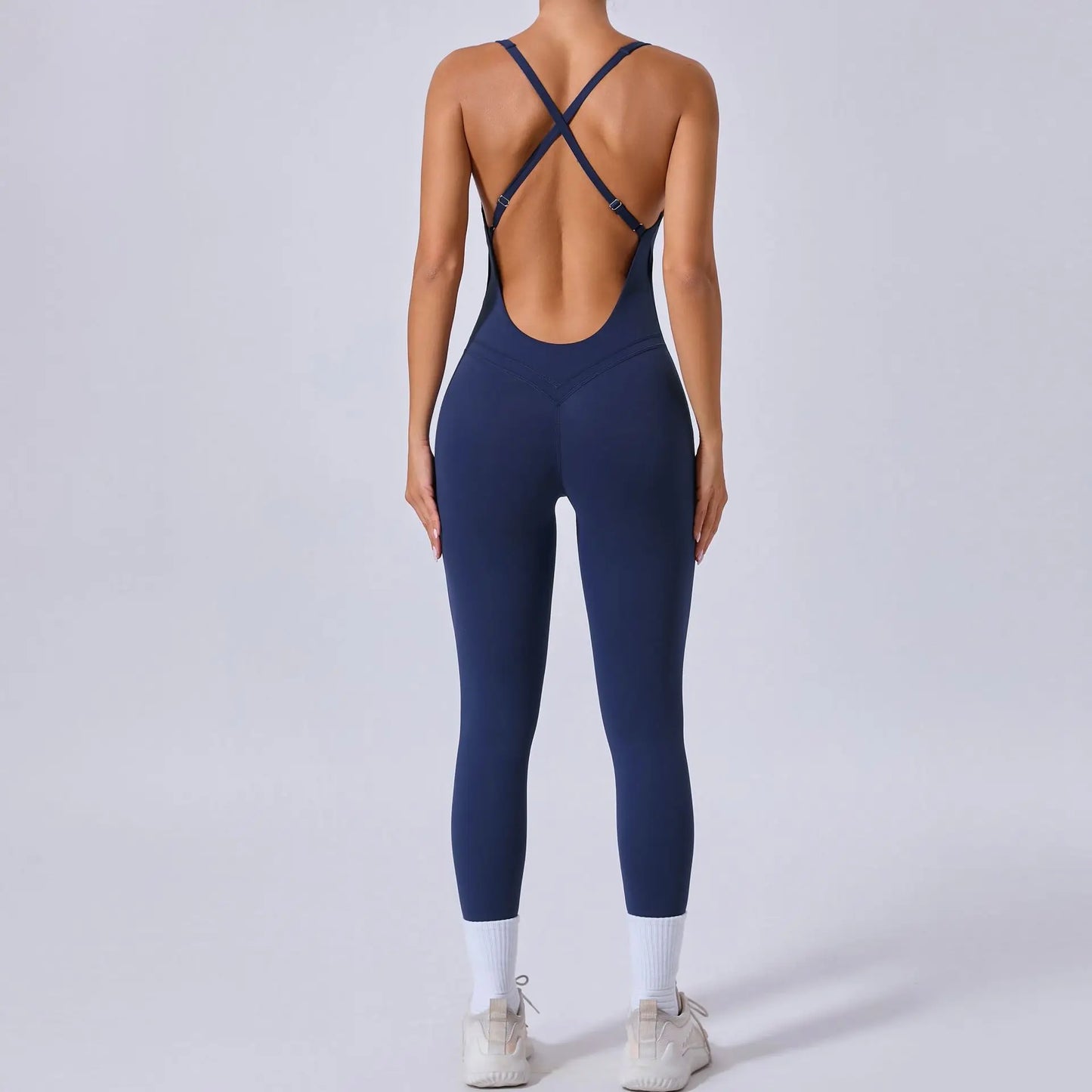Sexy Cross Strap Backless Jumpsuits Gym Set Women Tracksuits One Piece Short Sleeve Fitness Overalls Female Sport Clothes