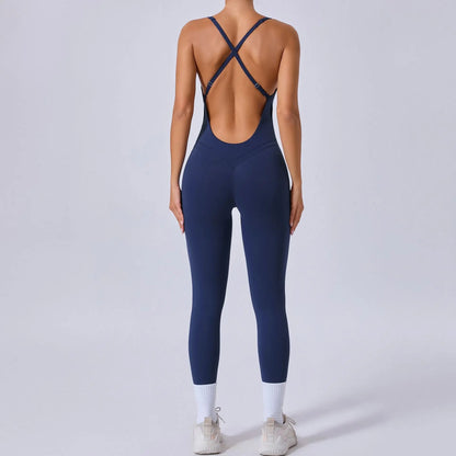 Sexy Cross Strap Backless Jumpsuits Gym Set Women Tracksuits One Piece Short Sleeve Fitness Overalls Female Sport Clothes