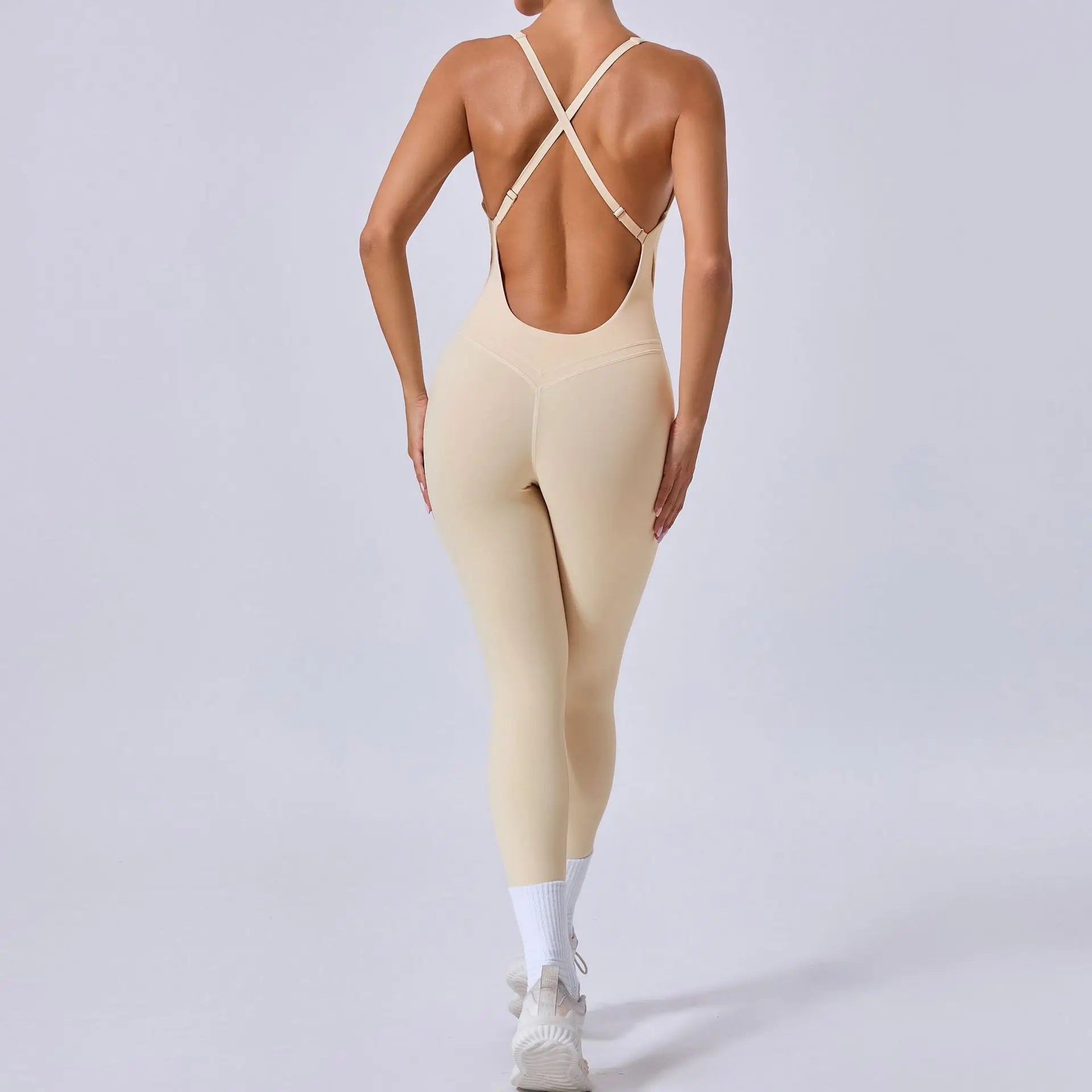 Sexy Cross Strap Backless Jumpsuits Gym Set Women Tracksuits One Piece Short Sleeve Fitness Overalls Female Sport Clothes