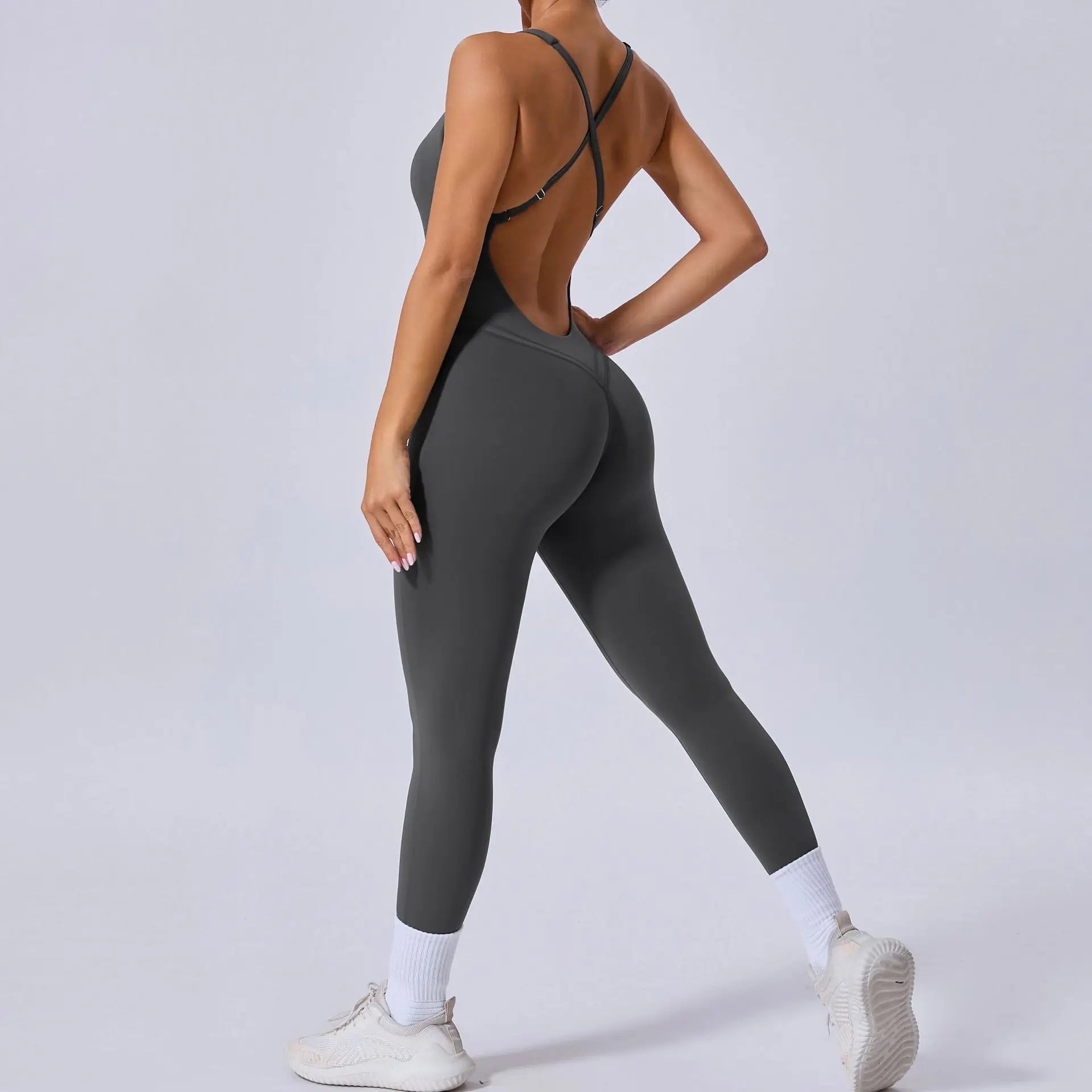Sexy Cross Strap Backless Jumpsuits Gym Set Women Tracksuits One Piece Short Sleeve Fitness Overalls Female Sport Clothes