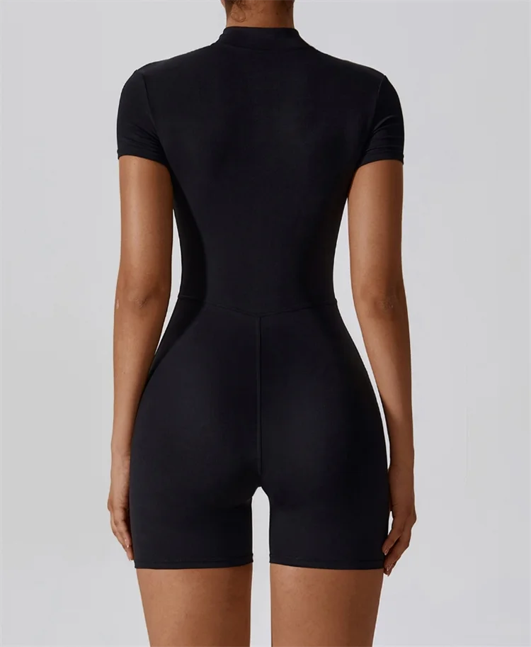 European and American Nude One-Piece Yoga Suit with Stand up Collar, Half Zipper, Short Sleeved Fitness Jumpsuit, Tight Fitting