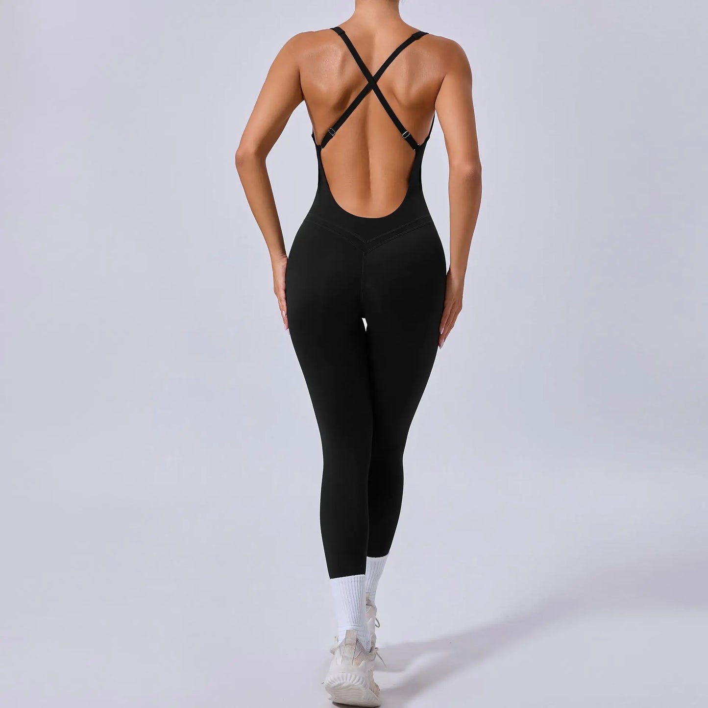 Sexy Cross Strap Backless Jumpsuits Gym Set Women Tracksuits One Piece Short Sleeve Fitness Overalls Female Sport Clothes